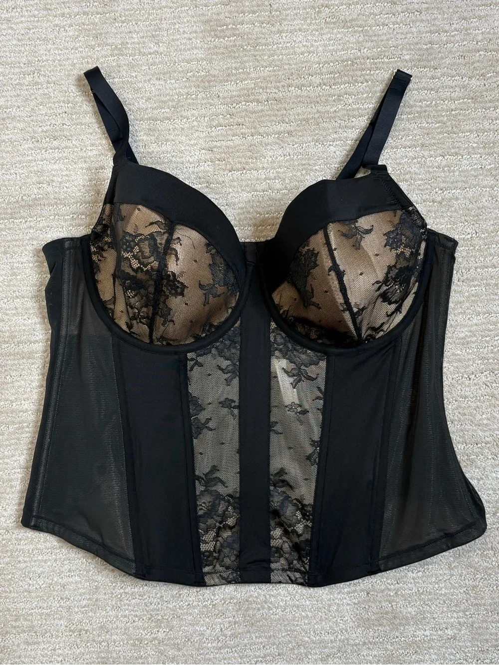 Cacique Black Lace Corset Underwire Balconette Bra Plus Size 44DD Mesh Back